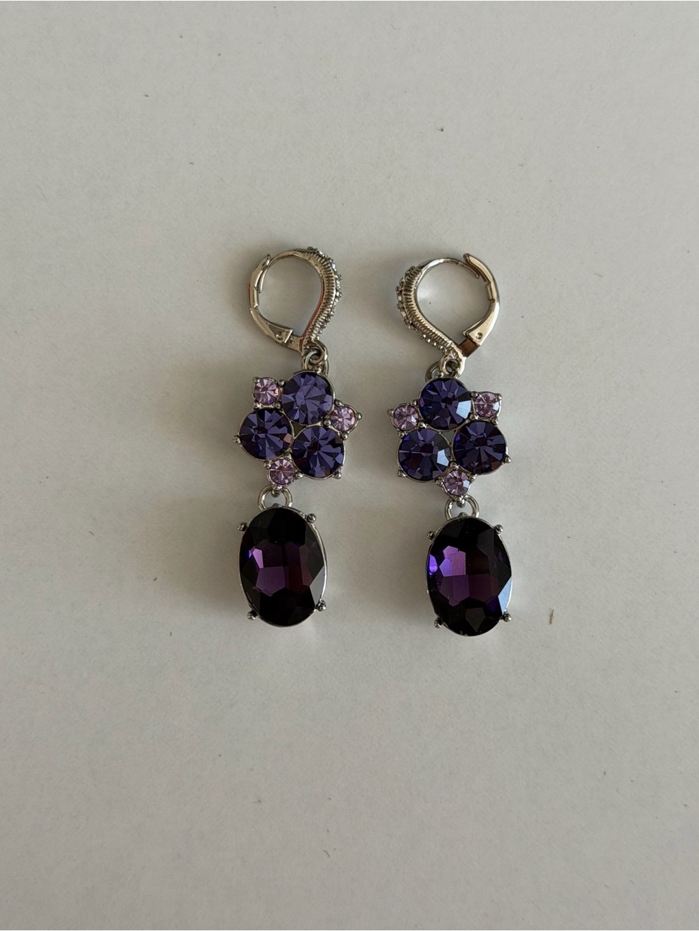 GIVENCHY Silver Tone Amethyst Purple Crystal Floral Drop Earrings – Faceted Oval